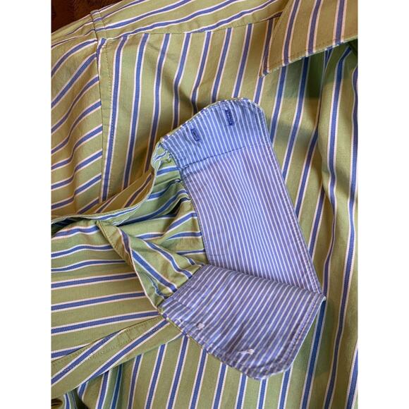 BLACK BROWN 1826 FLIP CUFF COTTON SHIRT AVOCADO GREEN BLUE STRIPE SIZE L - Picture 5 of 10